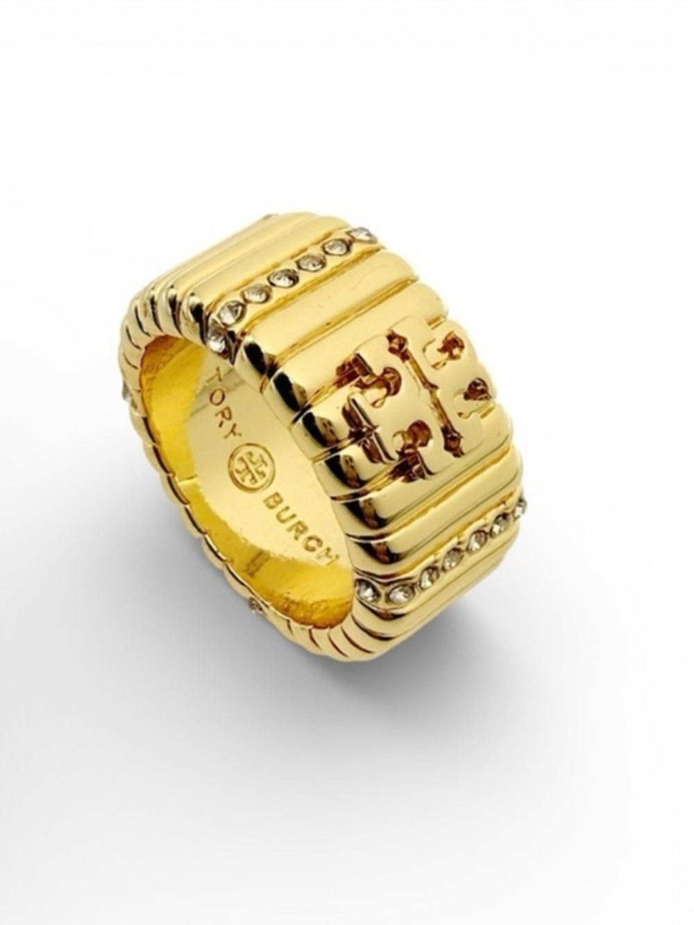 Tory Burch Textured Pave Logo Wide Band Ring 8 NWT
